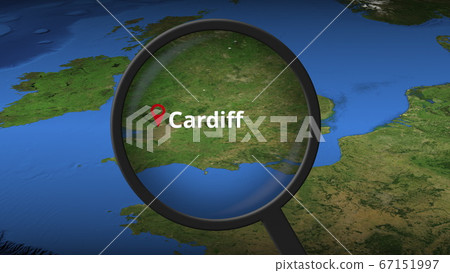Magnifying glass finds Cardiff city on the map, 3d rendering Magnifying glass finds Cardiff city on the map, 3d rendering 67151997