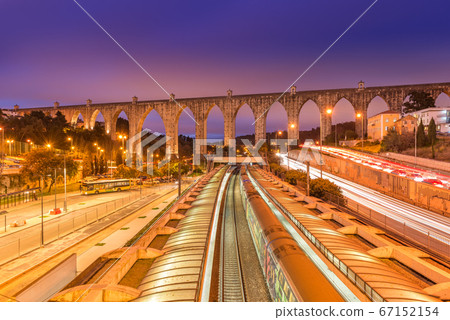 View of The Aguas Livres Aqueduct and Campolide train station, Lisbon, Portugal 67152154