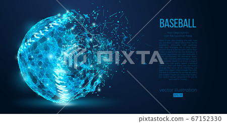 Abstract baseball ball from particles on blue background. All elements on a separate layers, color can be changed to any other. Low poly neon wire outline geometric baseball player. Vector 67152330