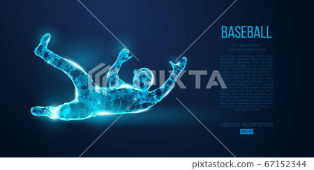 Abstract baseball player from particles on blue background. All elements on a separate layers, color can be changed to any other. Low poly neon wire outline geometric baseball player. Vector baseball 67152344