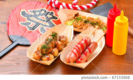 Food image of festival fair stall. Takoyaki, Frankfurt, Yakisoba. Food image of festival fair stall. Takoyaki, Frankfurt, Yakisoba. 67153008