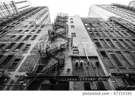 Chicago skyscrapers in wide angle perspective, black and white photo. Illinois, USA 67153195