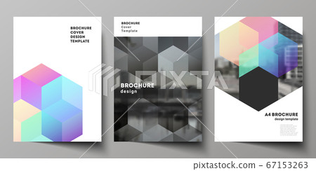 Vector layout of A4 format cover mockups design templates with colorful hexagons, geometric shapes, tech background for brochure, flyer layout, booklet, cover design, book design, brochure cover. 67153263
