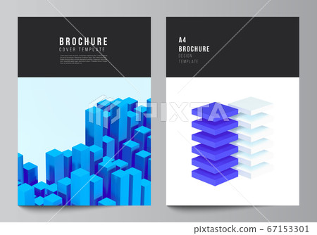 Vector layout of A4 cover mockups templates for brochure, flyer layout, booklet, cover design, book design. 3d render vector composition with dynamic realistic geometric blue shapes in motion. 67153301