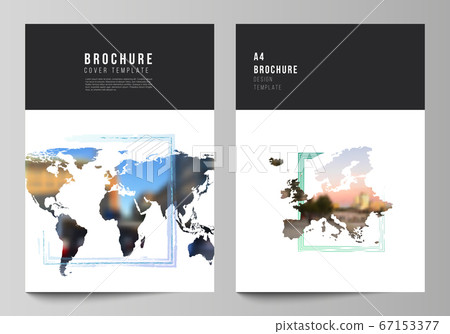 Vector layout of A4 cover mockups templates for brochure, flyer layout, cover design, book design, brochure cover. Design template in the form of world maps and colored frames, insert your photo. Vector layout of A4 cover mockups templates for brochure, flyer layout, cover design, book design, brochure cover. Design template in the form of world maps and colored frames, insert your photo. 67153377