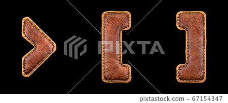 Set of symbols right angle bracket, left and right bracket made of leather. 3D render font with skin texture isolated on black background. 67154347