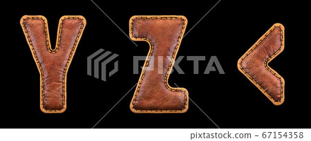Set of leather letters Y, Z and symbol left angle bracket uppercase. 3D render font with skin texture isolated on black background. 67154358