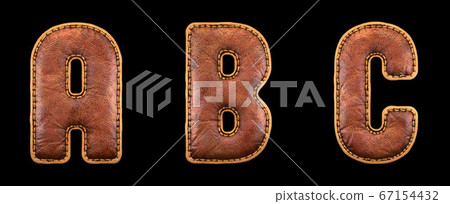 Set of leather letters A, B, C uppercase. 3D render font with skin texture isolated on black background. Set of leather letters A, B, C uppercase. 3D render font with skin texture isolated on black background. 67154432