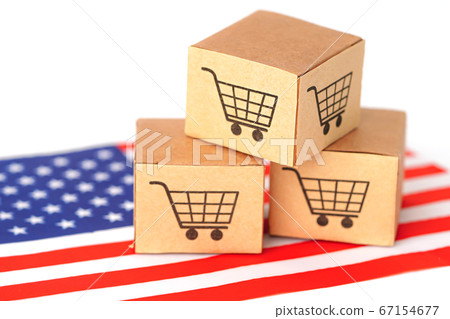 Box with shopping cart logo and America USA flag Box with shopping cart logo and America USA flag 67154677