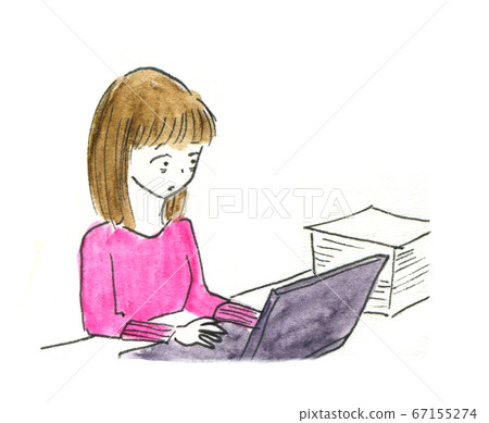超時工作一個年輕的商業女人的插圖 67155274