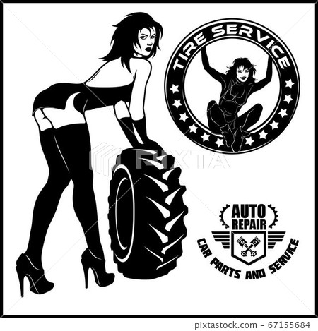 Women mechanic cartoon character. Tire fitting station. 67155684