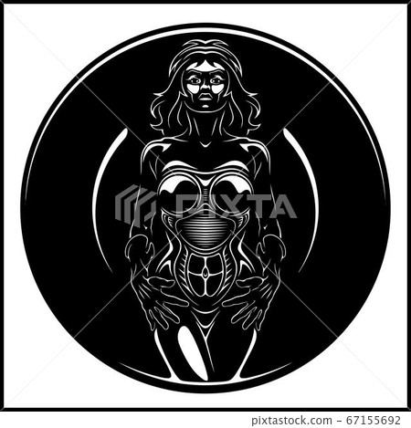 Cyber woman, girl, android lady, realistic hand drawn sketch illustration, vector androin woman 67155692