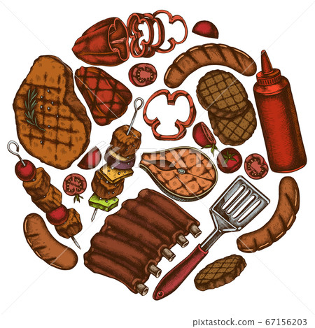 Round design with colored spatula, Pork ribs, kebab, sausages, steak, sauce bottles, grilled burger patties, grilled tomato, grilled salmon steak, grilled bell pepper 67156203