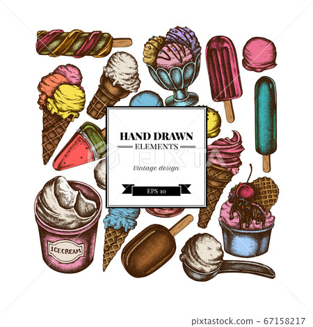 Square design with colored ice cream bowls, ice cream bucket, popsicle ice cream, ice cream cones, ice cream scoop, ice cream balls Square design with colored ice cream bowls, ice cream bucket, popsicle ice cream, ice cream cones, ice cream scoop, ice cream balls 67158217