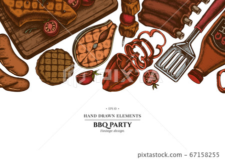 Colored elements design with spatula, Pork ribs, kebab, sausages, steak, sauce bottles, grilled burger patties, grilled tomato, grilled salmon steak, grilled bell pepper 67158255