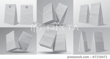 Realistic food bag. White empty paper food box isolated on white for design template. Vector cardboard package mock up set Realistic food bag. White empty paper food box isolated on white for design template. Vector cardboard package mock up set 67158471