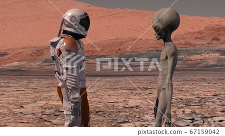 Astronaut meets a Martian on Mars. First contact. Astronaut meets a Martian on Mars. First contact. 67159042