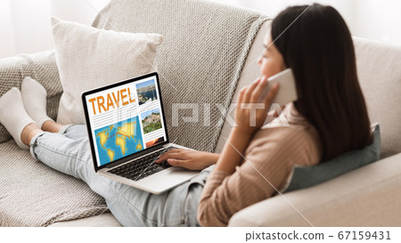 Asian woman planning vacation travel with laptop and cellphone at home, collage Asian woman planning vacation travel with laptop and cellphone at home, collage 67159431