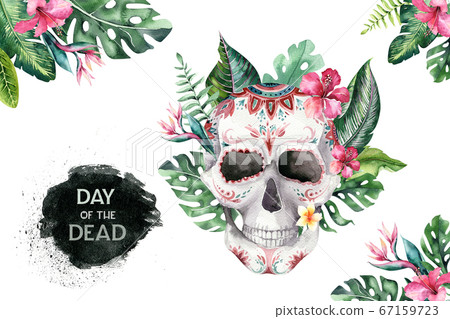 Human watercolor skull with floral tropical bouquets. Mexican Day of the dead. Tropic Head vintage helloween illustration. Retro tattoo death design retro drawing 67159723