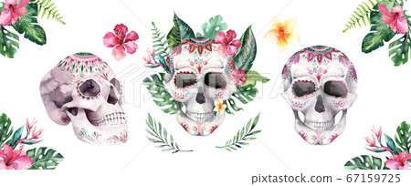Human watercolor skull with floral tropical bouquets. Mexican Day of the dead. Tropic Head vintage helloween illustration. Retro tattoo death design retro drawing Human watercolor skull with floral tropical bouquets. Mexican Day of the dead. Tropic Head vintage helloween illustration. Retro tattoo death design retro drawing 67159725