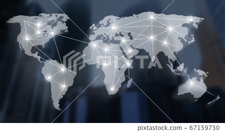 World map with international communication network, collage with blurred megapolis buildings on background World map with international communication network, collage with blurred megapolis buildings on background 67159730