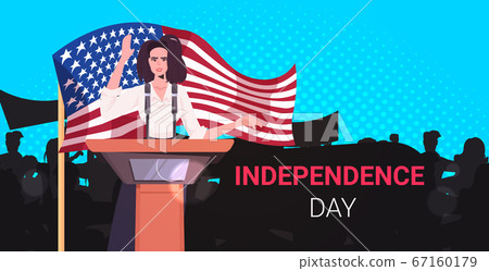 female politician speaking to people from tribune 4th of july american independence day celebration concept 67160179