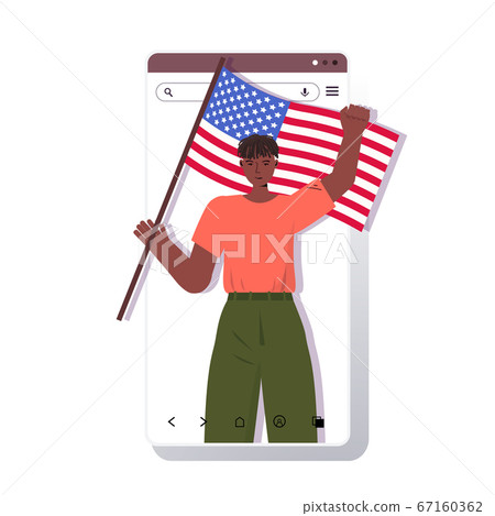 man in festive hat holding usa flag celebrating 4th of july american independence day concept 67160362