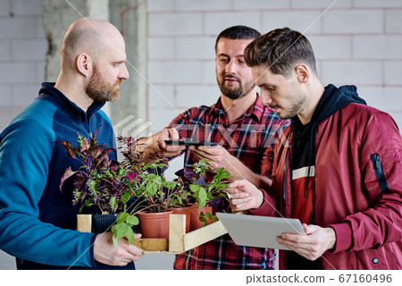 Young man taking photo of green plants while bald guy holding flowerpots Young man taking photo of green plants while bald guy holding flowerpots 67160496