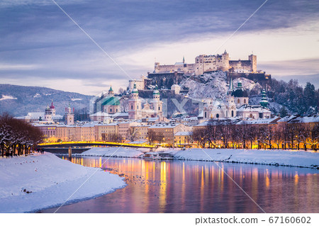 Classic view of Salzburg at Christmas time in winter, Austria 67160602