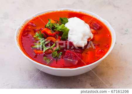 The portion of appetizing and rich borscht 67161206