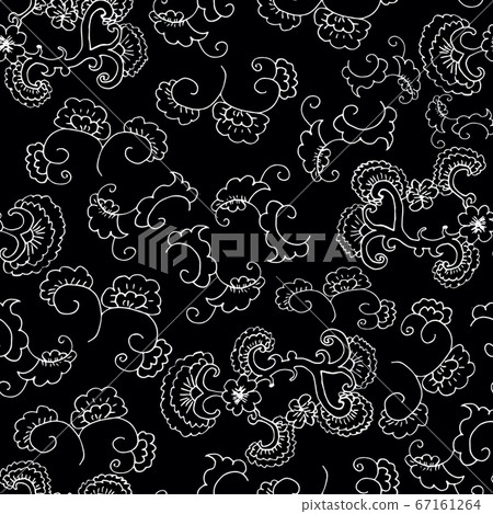Doodle seamless pattern. Floral lined ornament. Wallpaper, textile, wrapping paper. Black background. Hand drawn Vector illustration. Doodle seamless pattern. Floral lined ornament. Wallpaper, textile, wrapping paper. Black background. Hand drawn Vector illustration. 67161264