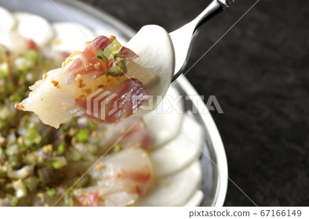 Eat the sea bream and turnip carpaccio on a transparent flat plate Eat the sea bream and turnip carpaccio on a transparent flat plate 67166149