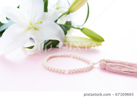 Taking pictures of rosary and lily flowers 67169665