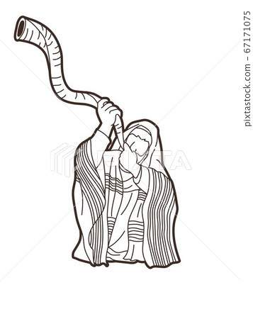 Jewish blowing the Shofar horn cartoon graphic vector. 67171075