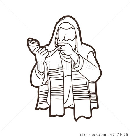 Jewish blowing the Shofar horn cartoon graphic vector. 67171076