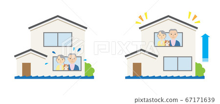 An elderly couple evacuating to the upper floor 67171639
