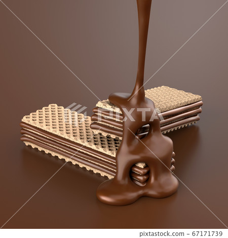 Hot melted chocolate poured on wafer stuffed with chocolate, 3D illustration. 67171739