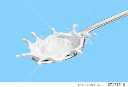 Milk yogurt healthy natural hi calcium and protein realistic splashing on silver spoon, 3D illustration 67171740