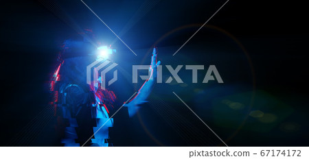 Woman is using virtual reality headset. Image with glitch effect. 67174172
