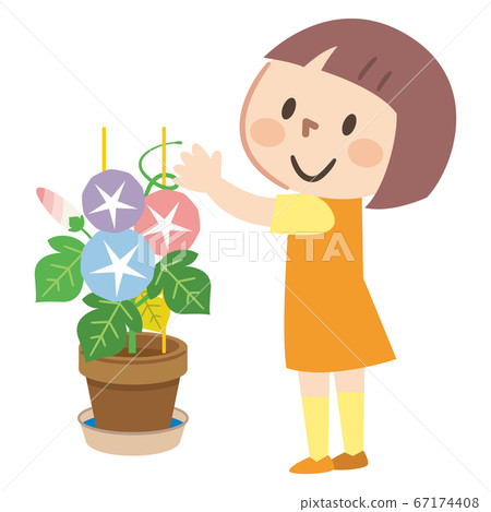 小女孩微笑著提高牽牛花 67174408