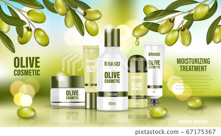 Cosmetic poster ad. Realistic glass jar on bokeh background with green olives. Face cream, body wash, lotion, deodorant, cosmetic bottle template. Realistic 3d illustration. Cosmetic poster ad. Realistic glass jar on bokeh background with green olives. Face cream, body wash, lotion, deodorant, cosmetic bottle template. Realistic 3d illustration. 67175367