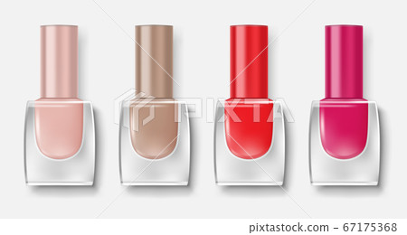 Set of nail polish bottles. Colorful varnish for nail insulated. Realistic lacquer glass containers for manicure isolated on white. Vector 67175368