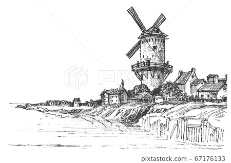Panoramic view of the old mill and the village near the river. Old windmill village house. Vector sketches. Illustration of rural buildings Panoramic view of the old mill and the village near the river. Old windmill village house. Vector sketches. Illustration of rural buildings 67176133