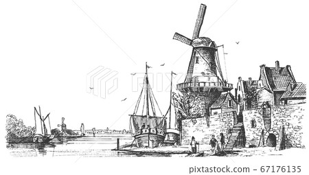 Panoramic view of the old mill and the village near the river. Old windmill village house. Vector sketches. Illustration of rural buildings Panoramic view of the old mill and the village near the river. Old windmill village house. Vector sketches. Illustration of rural buildings 67176135