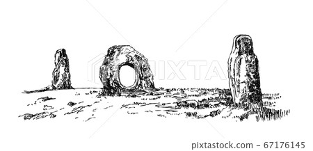 Menhirs, vertical stones of unknown origin, vector illustration. Graphic drawing sketch. Megaliths Stone Age. 67176145