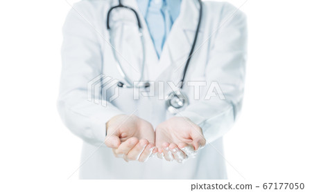 Doctor show empty palm hand gesture for holding, giving, receive and protection 67177050