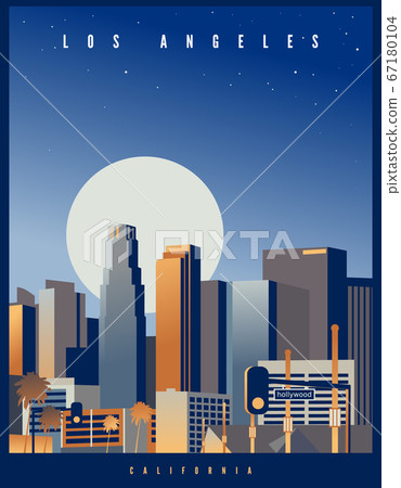 Los Angeles skyline with a big full moon and... - Stock Illustration ...