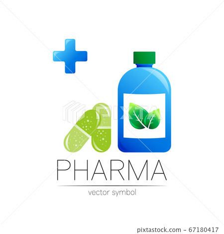 Pharmacy vector symbol with blue bottle and cross in circle, green leaf, for pharmacist, pharma store, doctor and medicine. Modern design logo on white. Pharmaceutical icon logotype with pill capsule 67180417