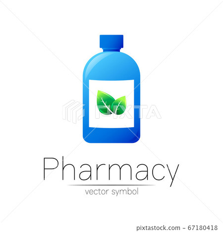 Pharmacy vector symbol with blue bottle and green leaf for pharmacist, pharma store, doctor and medicine. Modern design vector logo on white background. Pharmaceutical icon logotype . Human Health 67180418