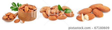 Almonds nuts with leaves isolated on white background with clipping path and full depth of field. Set or collection Almonds nuts with leaves isolated on white background with clipping path and full depth of field. Set or collection 67180609